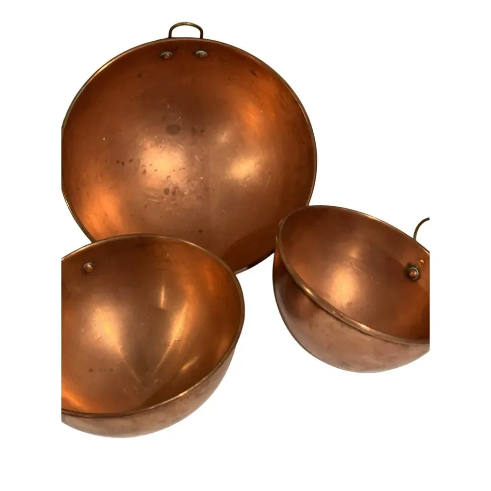 Copper Hanging Round Bottom Beating Bowls Set 3